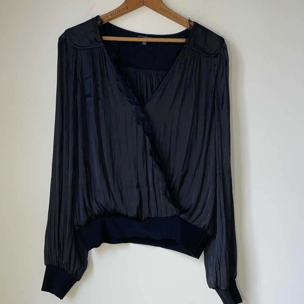 Current Air black silky Blouse surplice snap lace trim v neck sz med 18” PTP